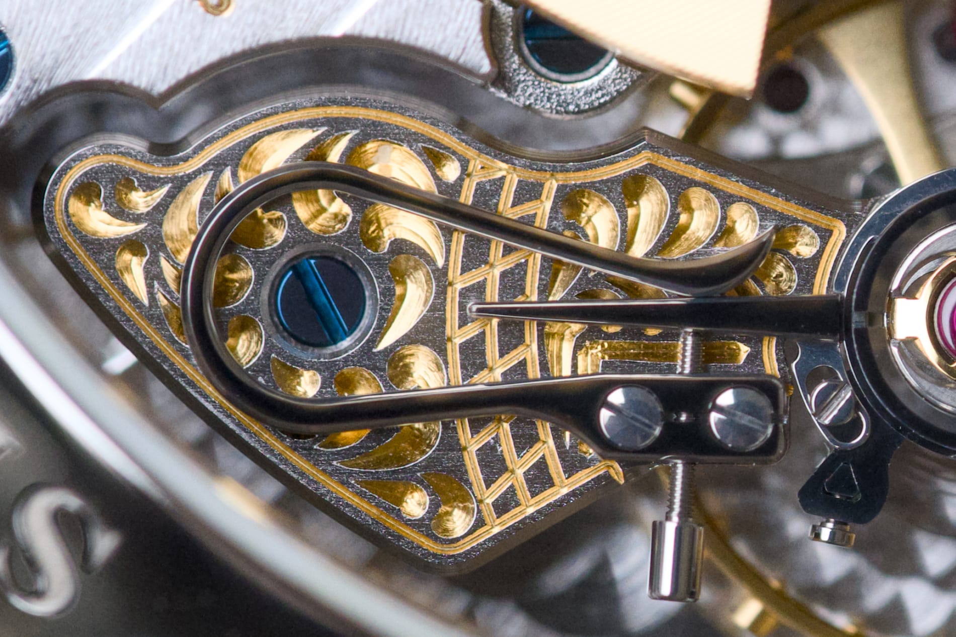 Hand-engraving on the balance bridge of the Glashütte Original Caliber 90-02