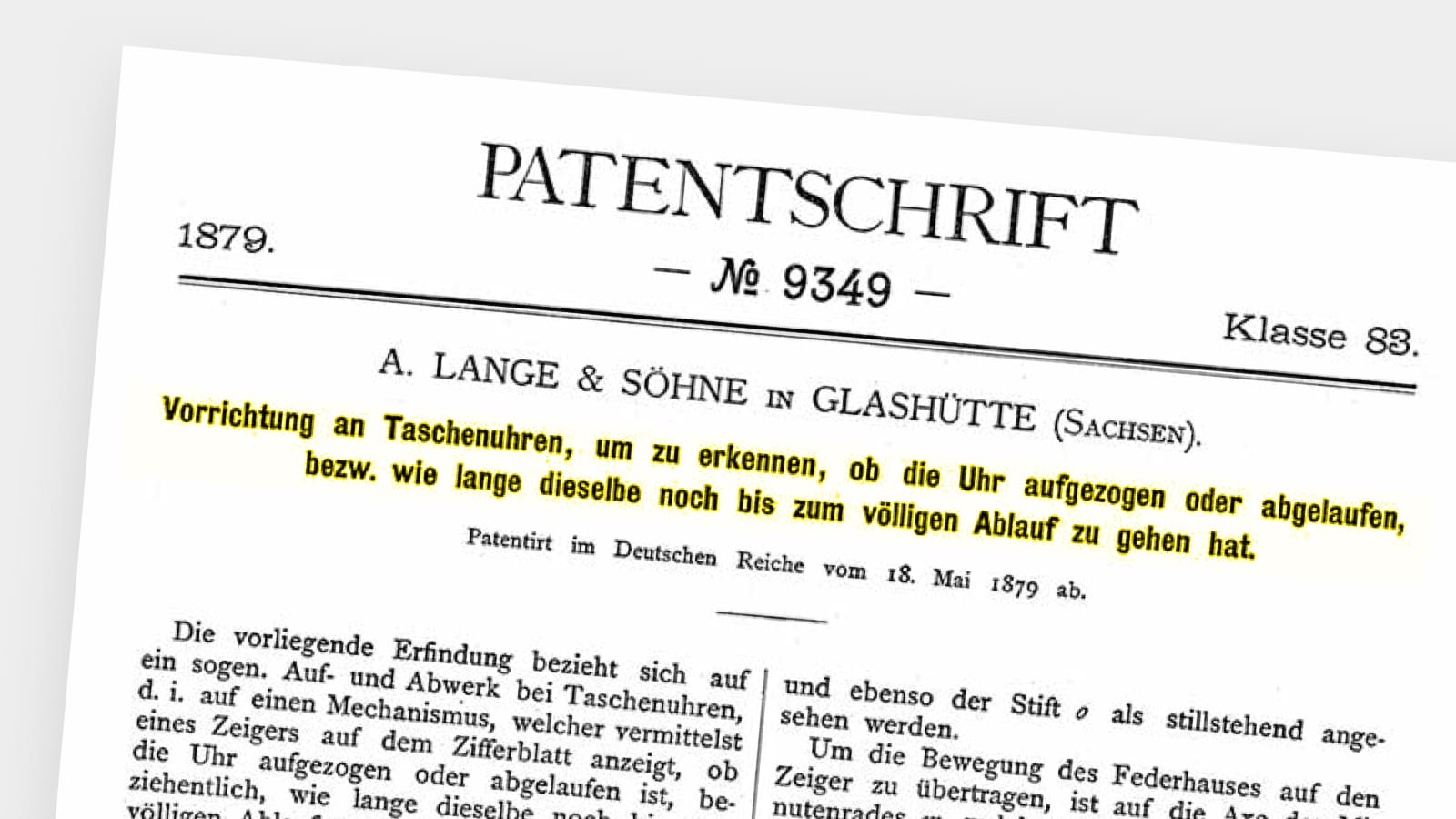 A. Lange & Söhne imperial patent no. 9349 for power reserve indicator