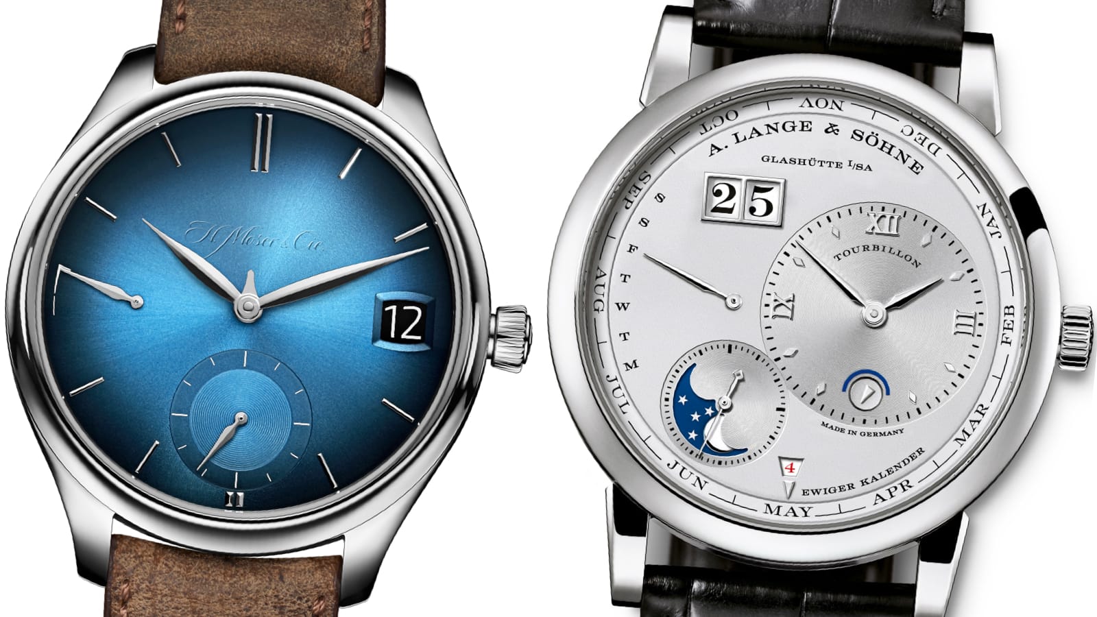 Comparison of the H. Moser & Cie. Endeavour Perpetual Calendar Funky Blue and the A. Lange & Söhne Lange 1 Perptual Calendar