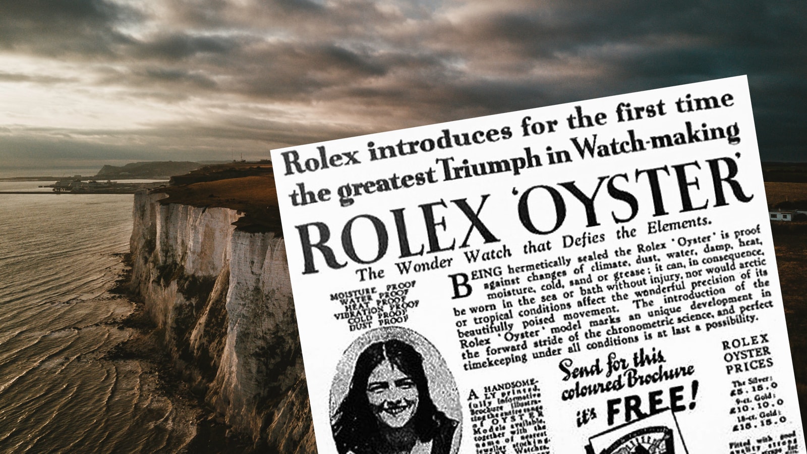 Zeitungsanzeige für Rolex Uhren vor den Klippen von Dover