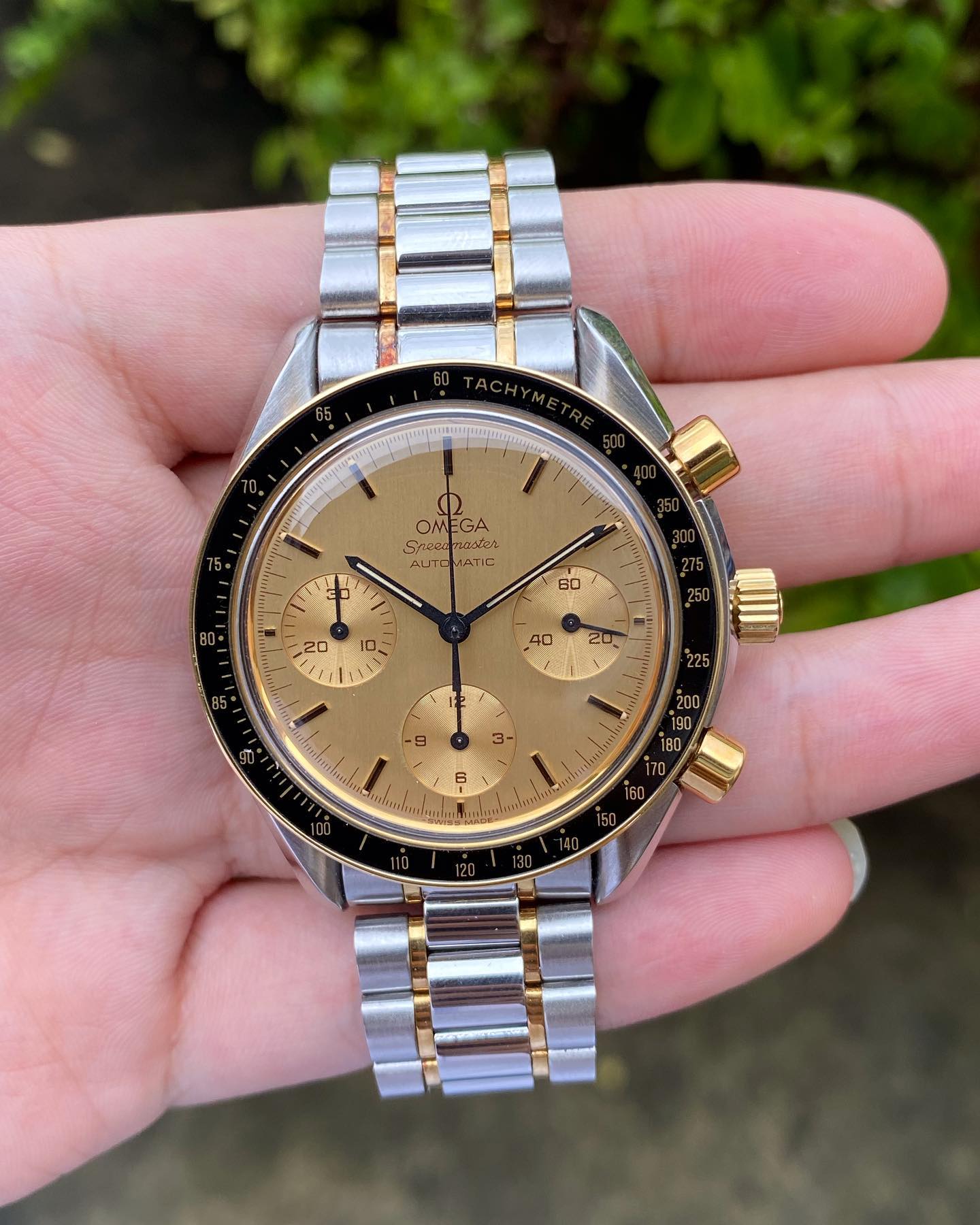 Golden dial with golden bezel and a black tachymètre inlay. Black applied indices and hands. Omega Speedmaster Reduced DA 175.0032