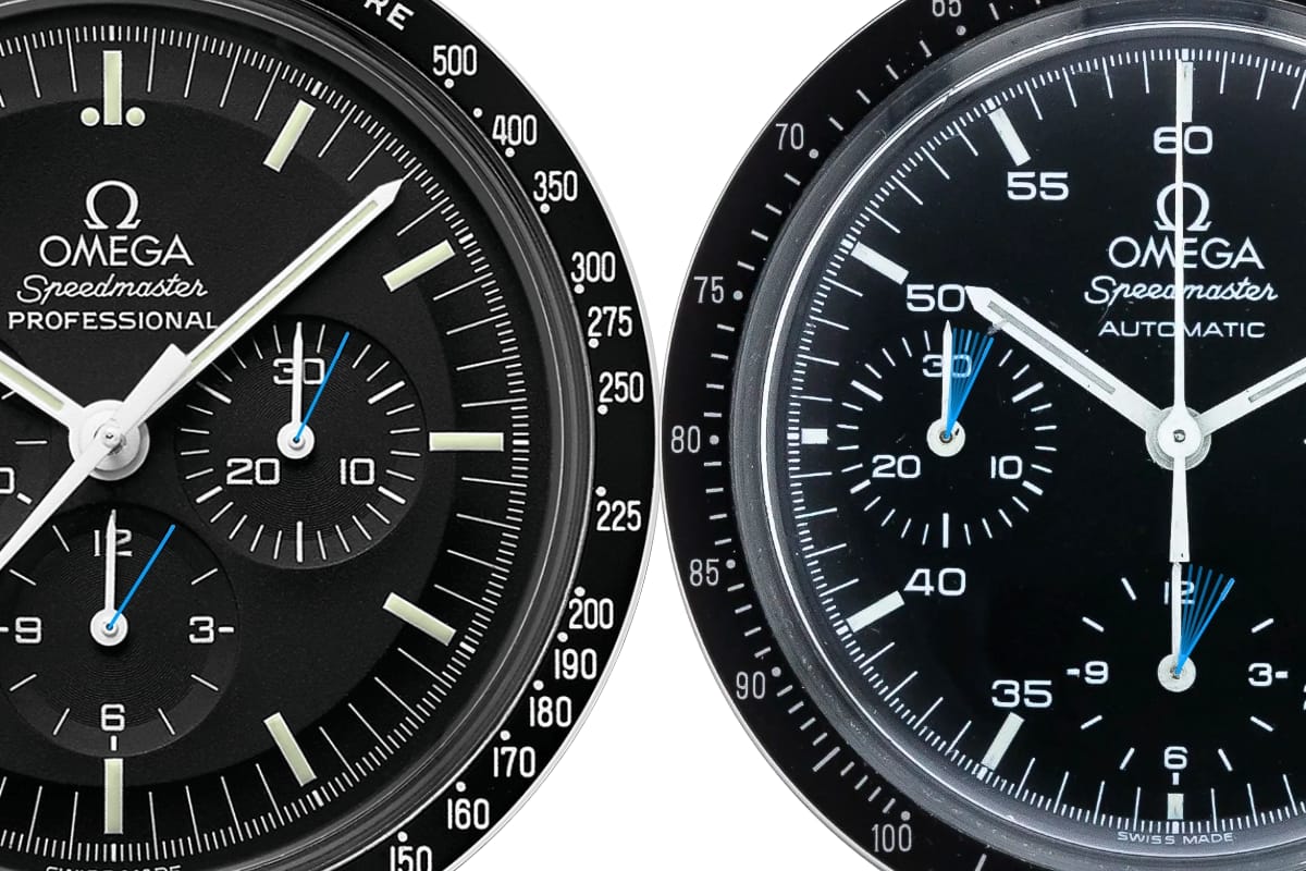 Comparison of how the hands of the chronograph move on the Speedmaster Professional compared to the Speedmaster Reduced