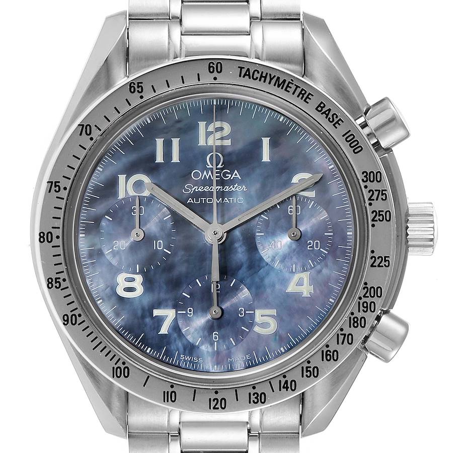 “Mother of Pearl” blue dial with steel polished tachymètre bezel. Luminescent arabic numbers next to the hour indices. Silver hands. Omega Speedmaster Reduced 3502.73.00