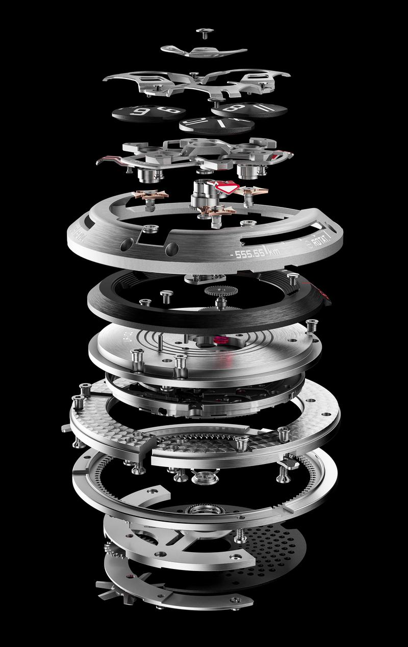 Deconstructed view of the movement caliber UR 12.01 built into the Urwerk UR-100V Magic T