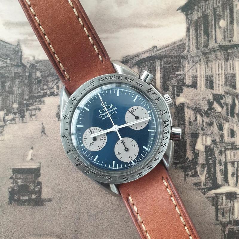 Special edition for Marui, a Japanese department store. Blue dial, silver subdials and steel bezel. Printed white indices and hands. Subdial hands in black. Omega Speedmaster Reduced 3510.82.00