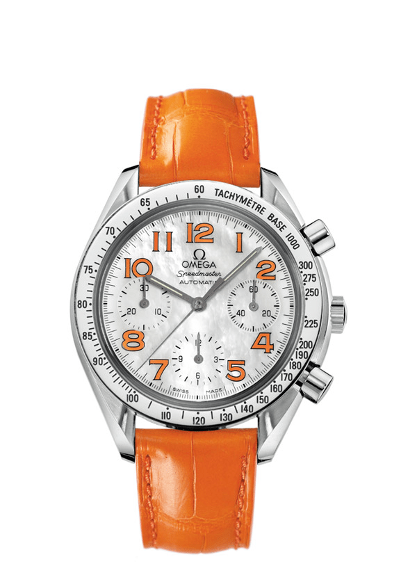 “Mother of Pearl” light dial with steel polished tachymètre bezel. Orange arabic numbers next to the hour indices. Silver hands. Omega Speedmaster Reduced 3834.78.38