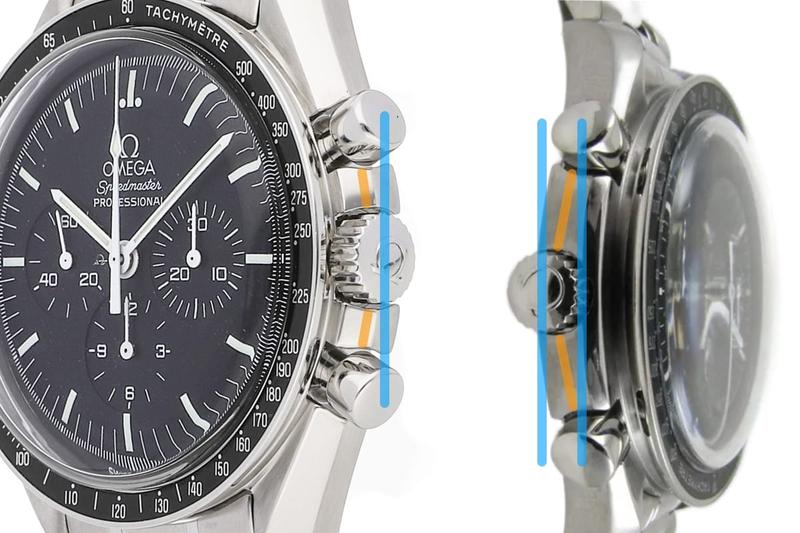 Comparison of how the chronograph pushers of the Speedmaster Professional are aligned differently compared to the Speedmaster Reduced