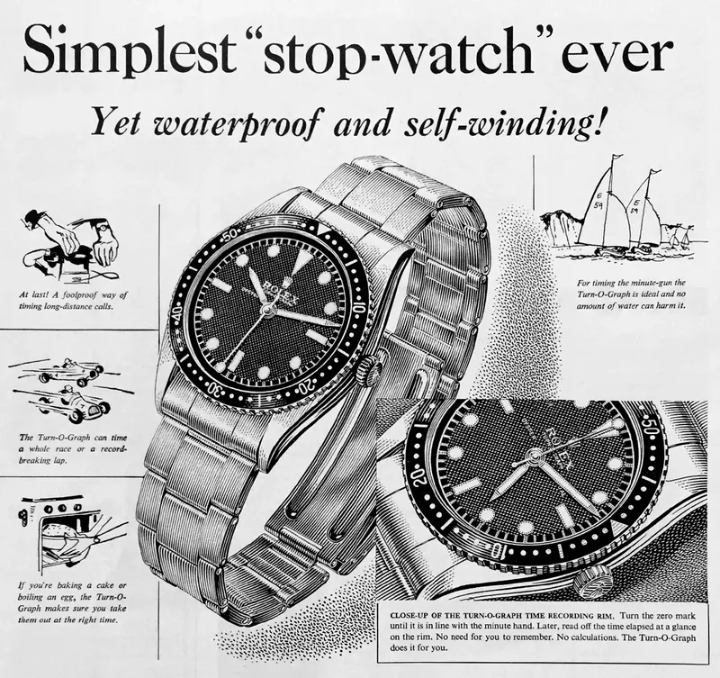 1954: Rolex ad for an Oyster Perpetual Turn-O-Graph.